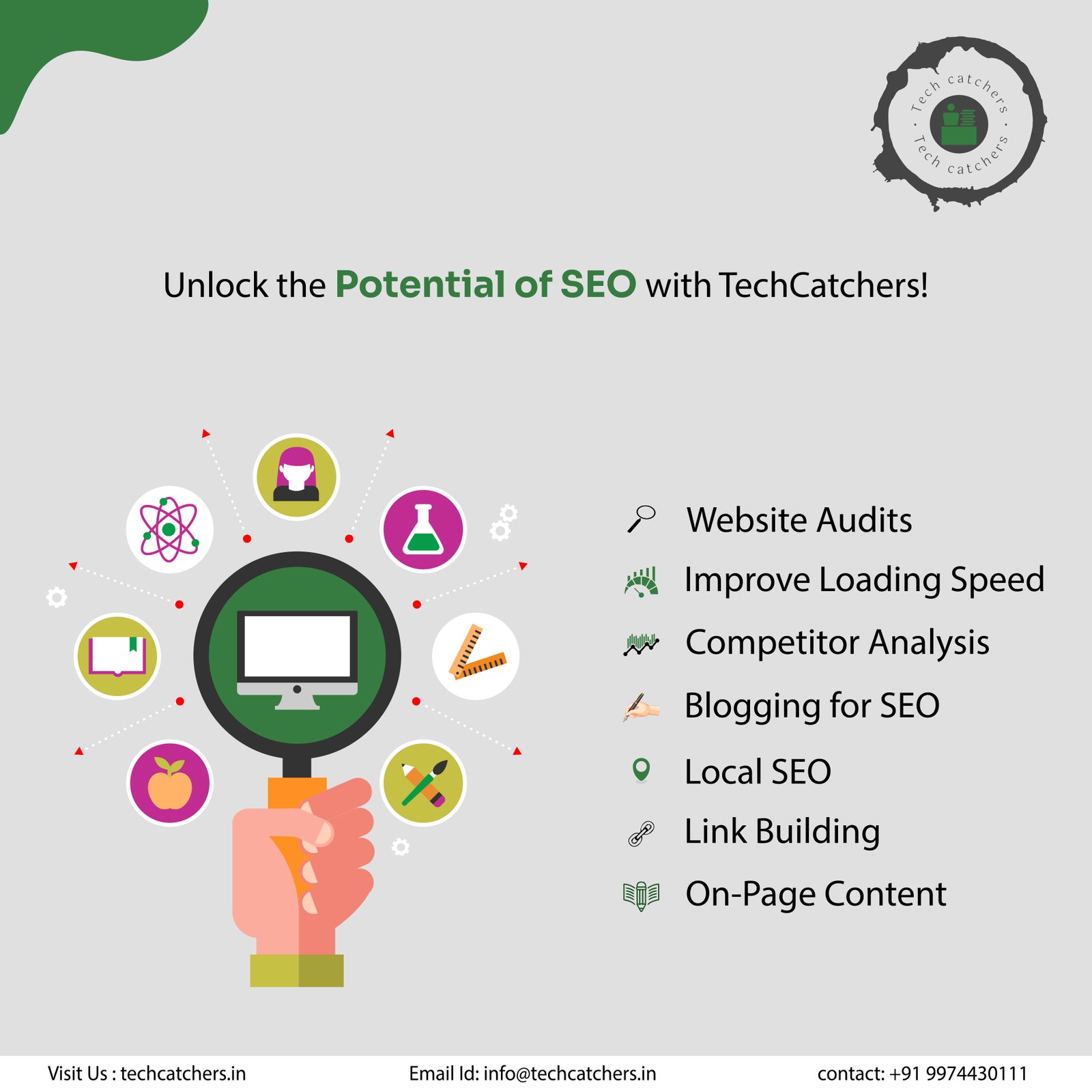 Illustration of a magnifying glass unlocking the potential of SEO with TechCatchers"